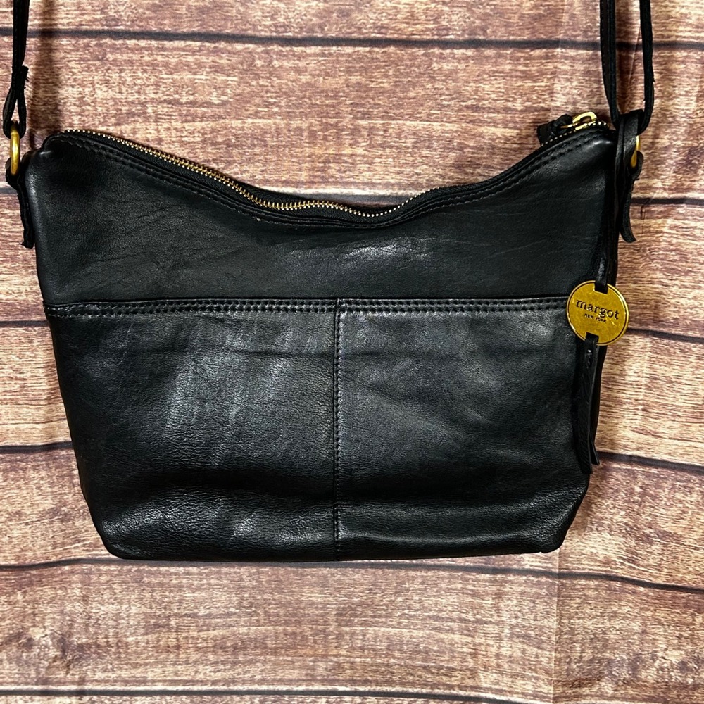 Margot New York Black Soft Leather Crossbody Bag Gold Double Zip Bag Purse